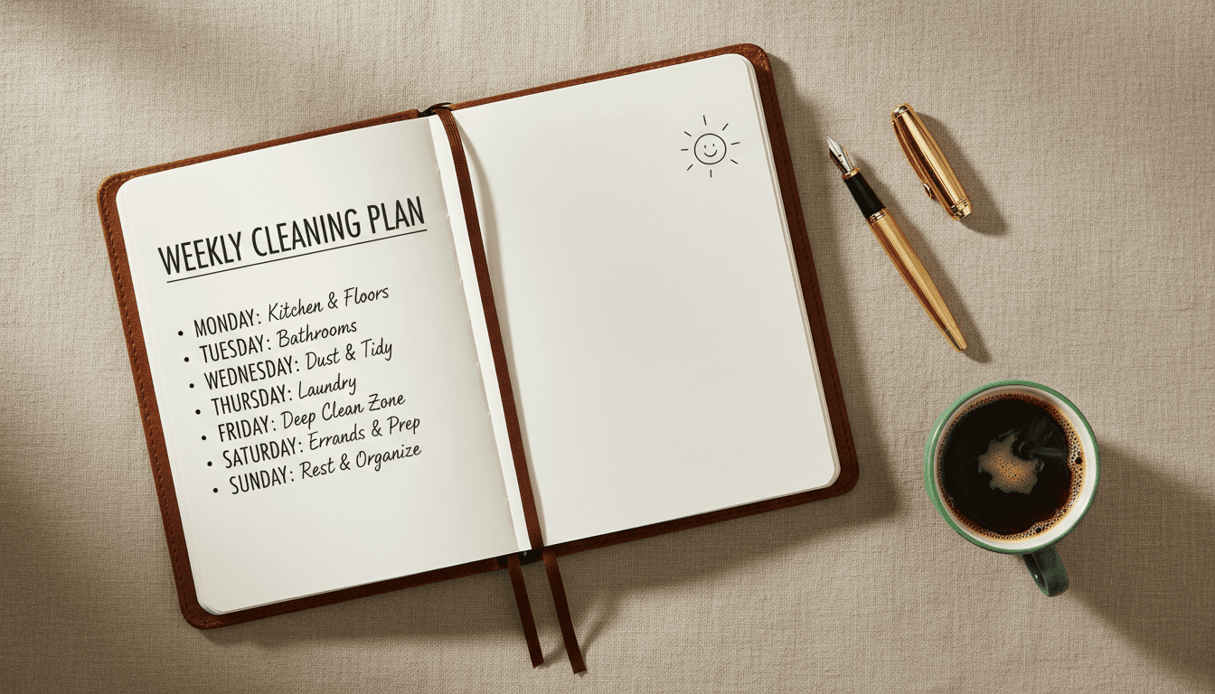 Open notebook with handwritten cleaning plan, gold pen, and emerald green coffee mug