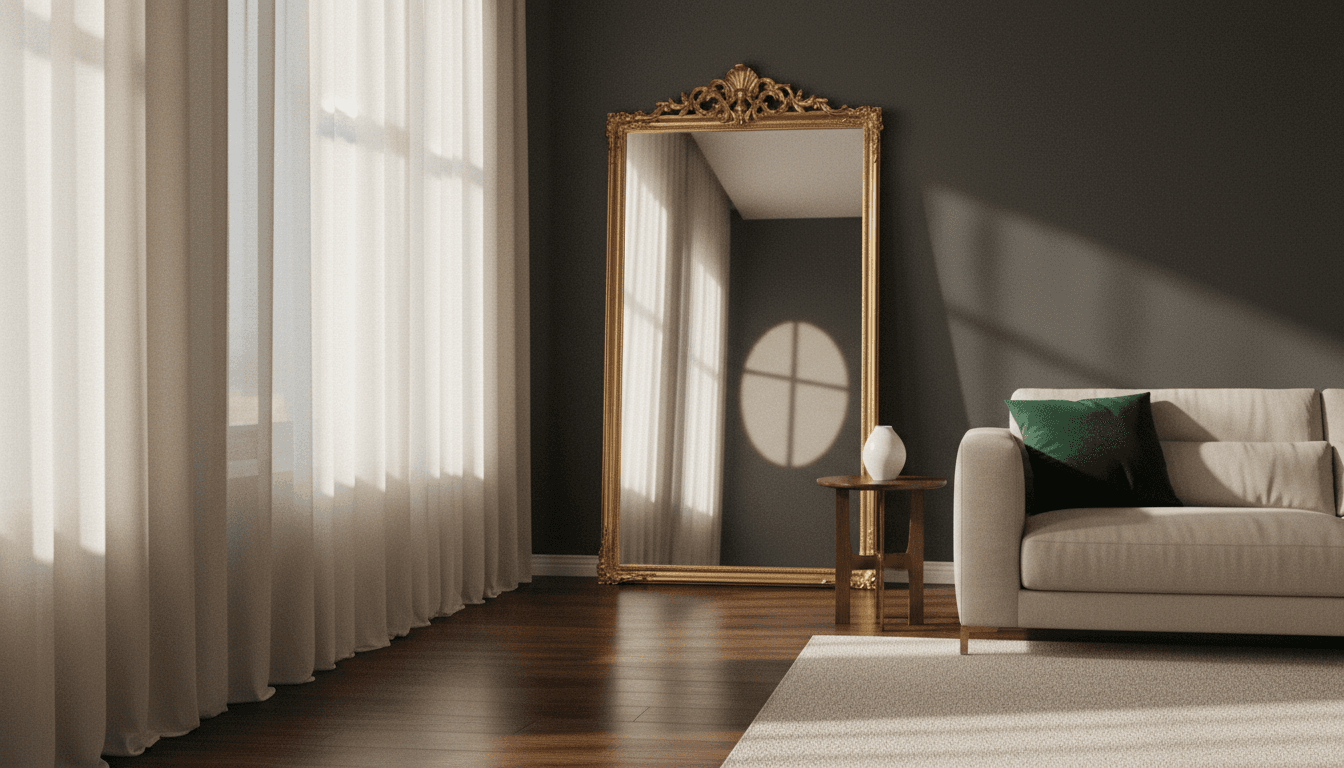 Elegant living room corner with emerald green pillow and gold-framed mirror in soft light