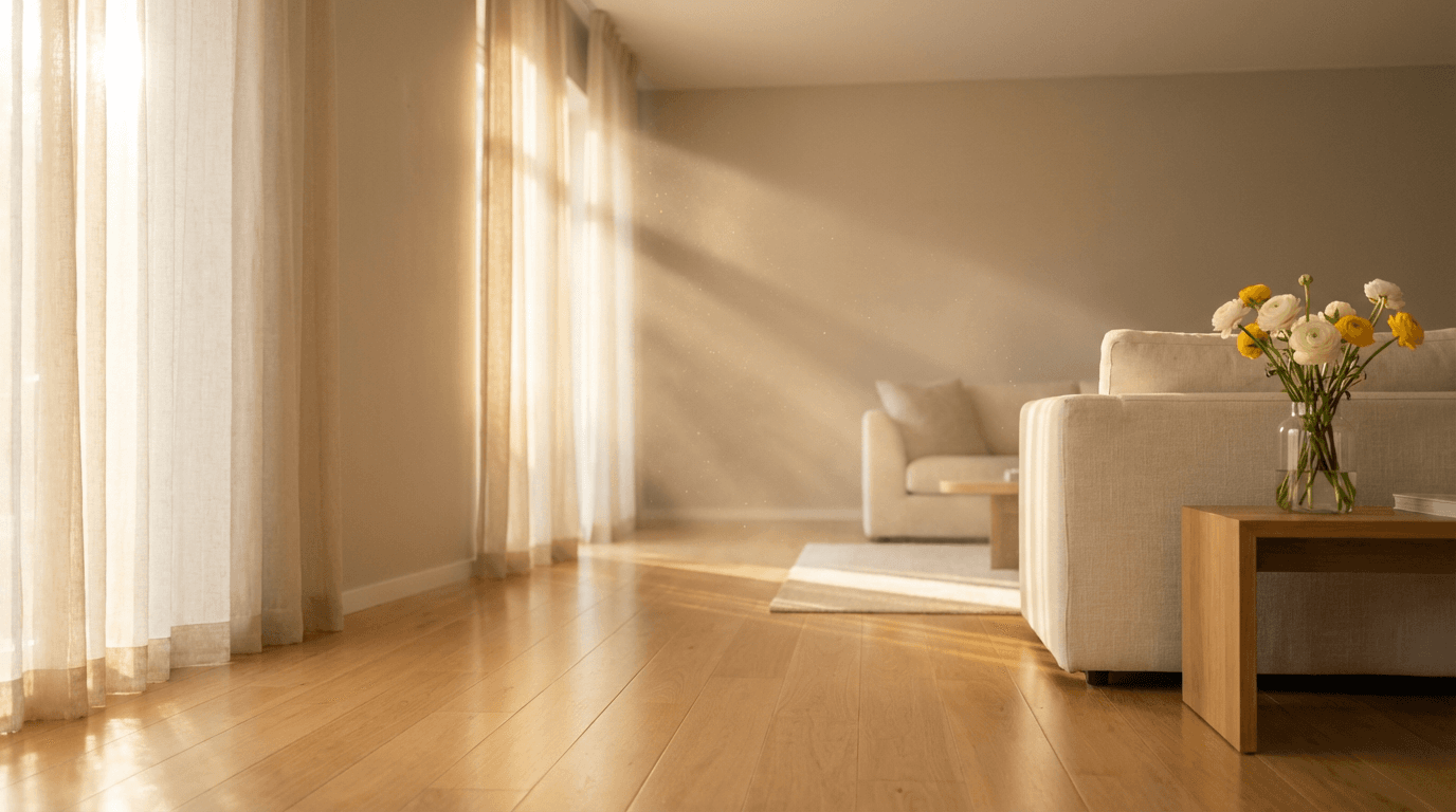 Sunlit living room with polished floors and an emerald green accent cushion