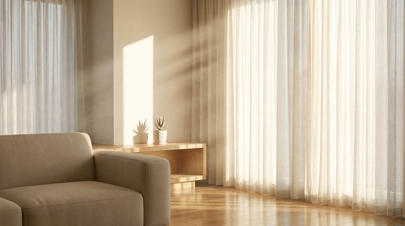 pristine living room corner with orchid and emerald curtains