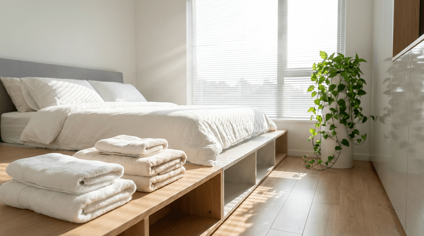 Empty sunlit bedroom with bare floors and white walls