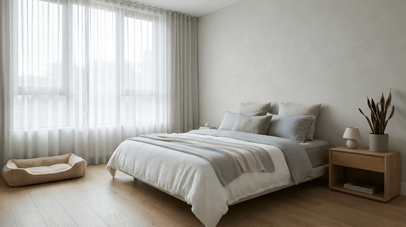 A neatly made bed with emerald green throw and gold accent in a calm, sunlit room