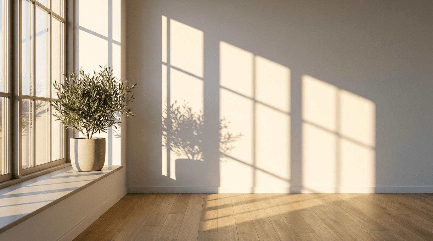 A gloved hand pulling a wooden dresser away from a wall, dust motes in the light