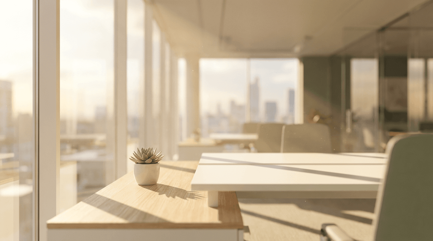 Empty office lobby in early morning light