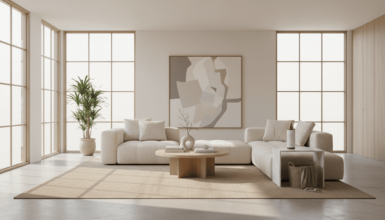 A quiet, polished corner of a living room with an emerald green velvet armchair and a white orchid in a gold pot