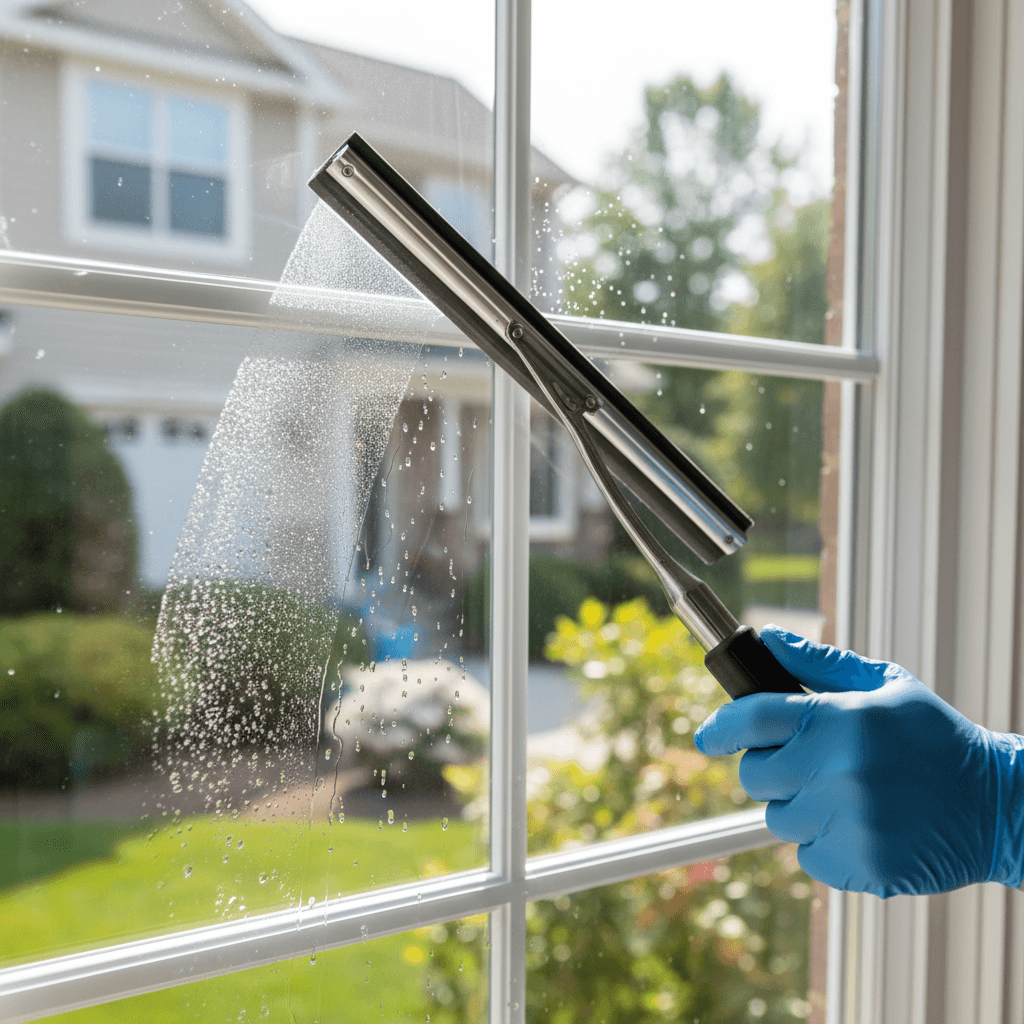 A microfiber cloth wiping window track grooves in bright daylight