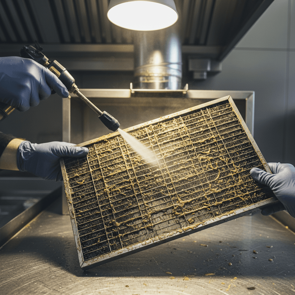 hand in white glove wiping a stainless steel vent hood