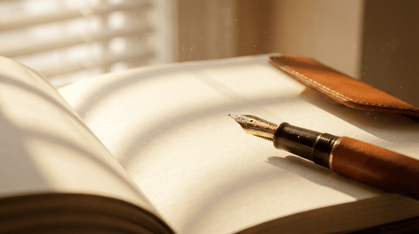 Hand writing in a notebook with a gold pen