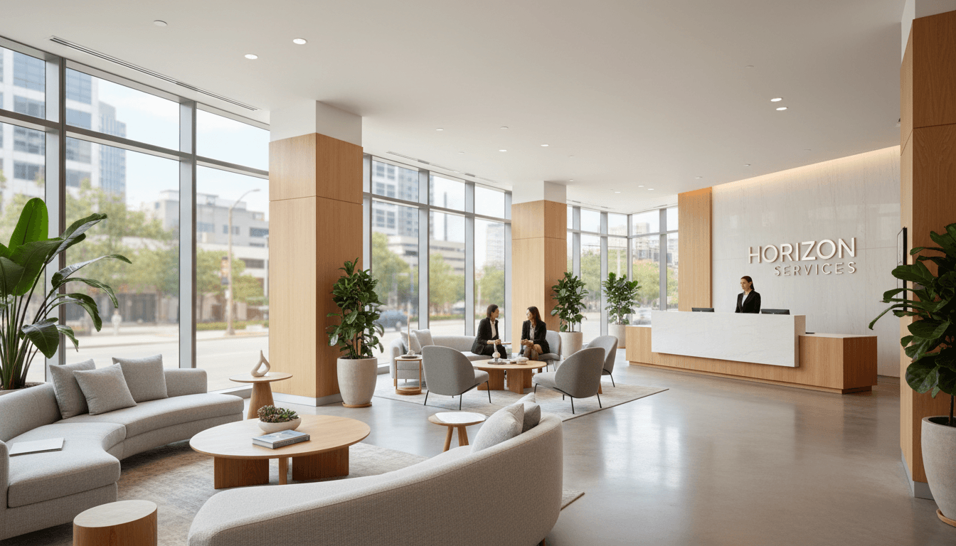 modern office lobby after hours with polished surfaces