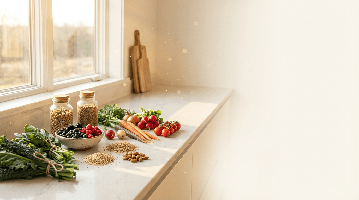 Clean kitchen counter with green plant in gold pot