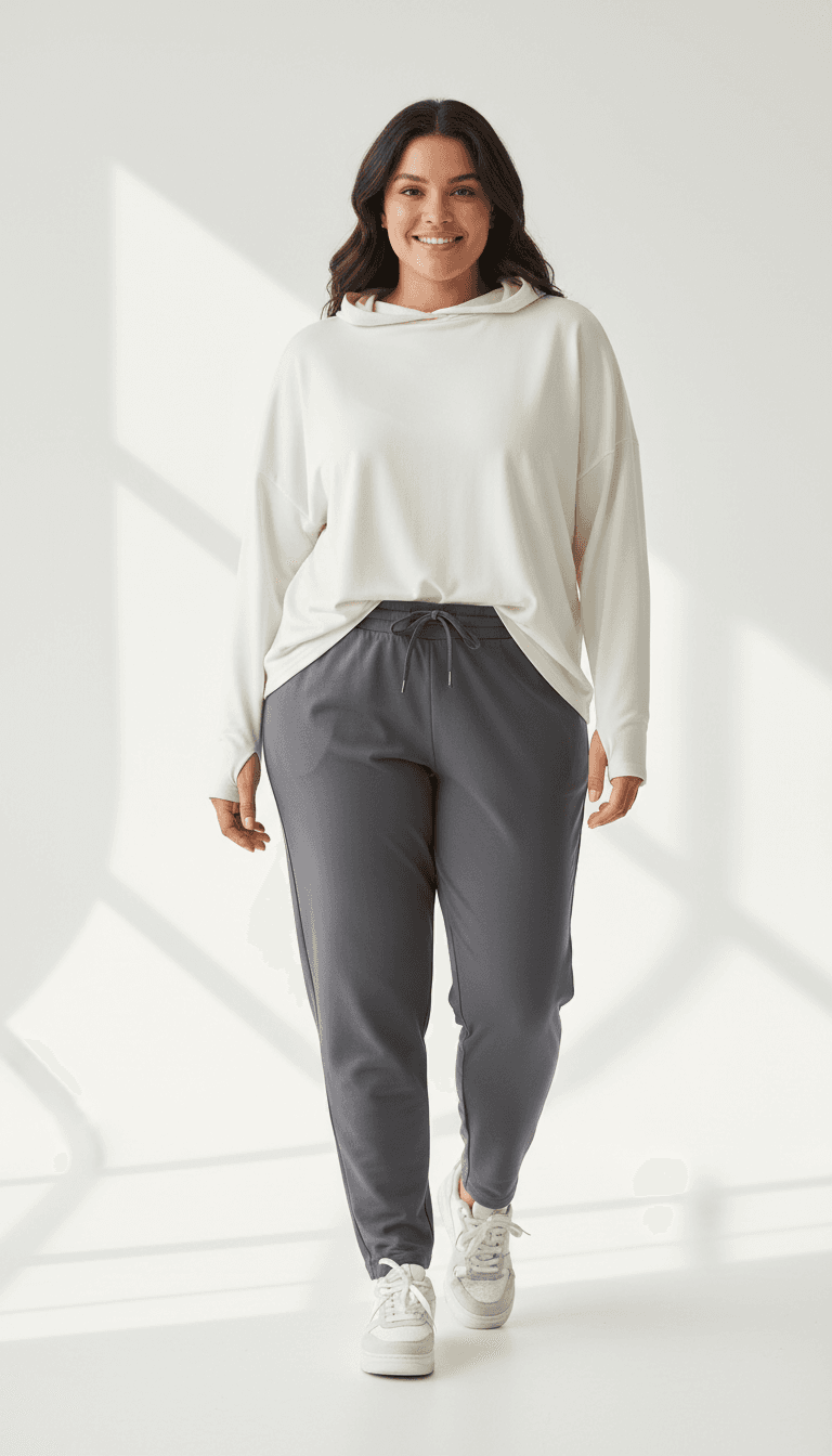 Plus-size woman standing confidently in oversized hoodie and joggers against neutral background with natural window light