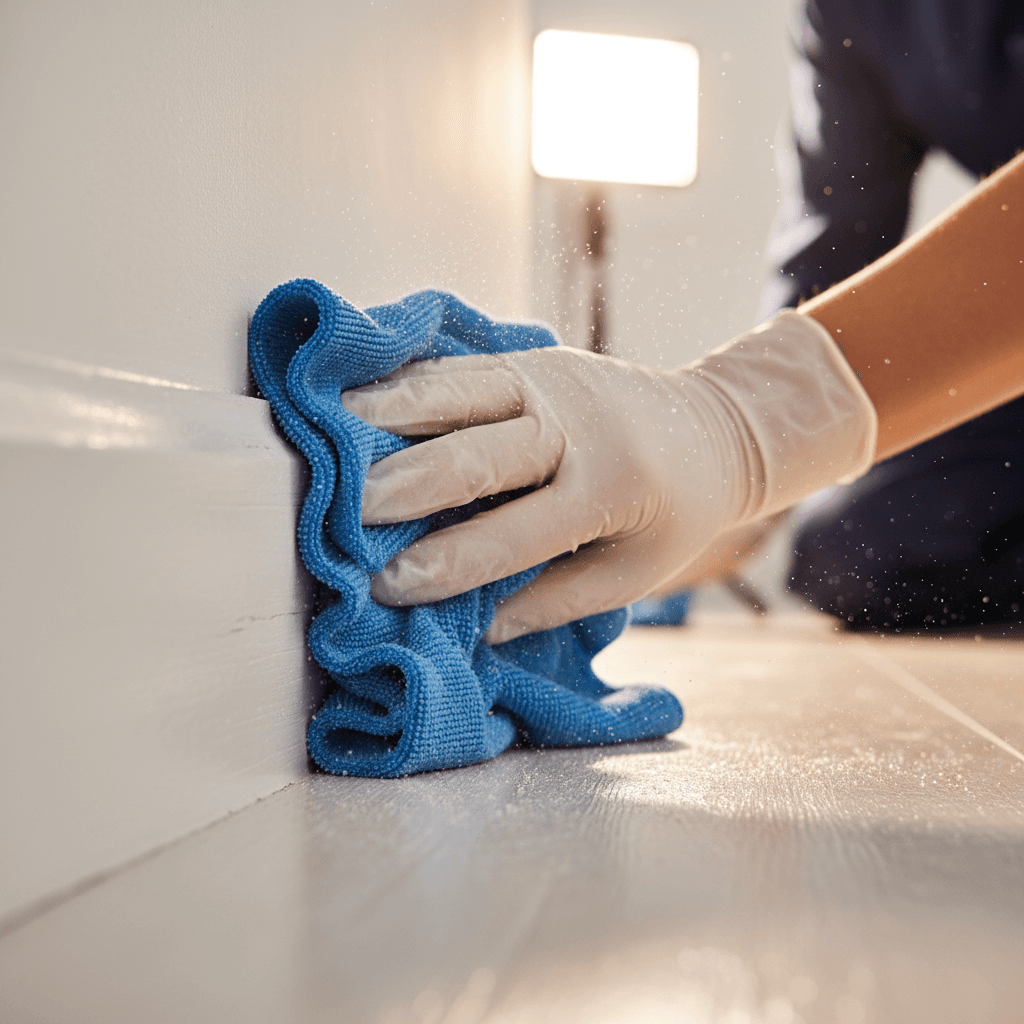 A damp cloth wiping a white wooden baseboard in a clean home